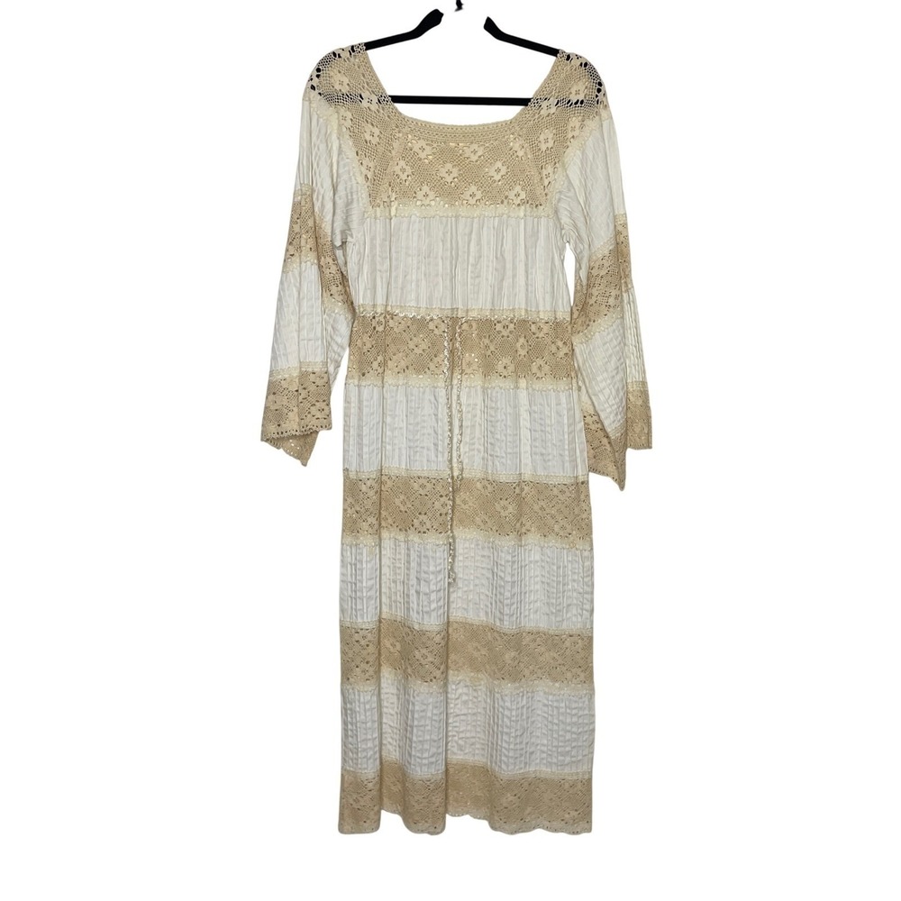 Vintage Crochet Lace Maxi Dress Women Medium White Boho Bell Sleeve